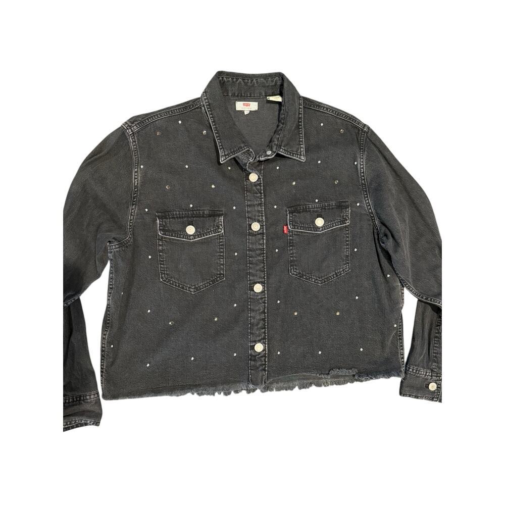 Levi’s Addison Studded Denim Jacket Women’s Small Washed Black Raw Hem Western - Picture 5 of 8